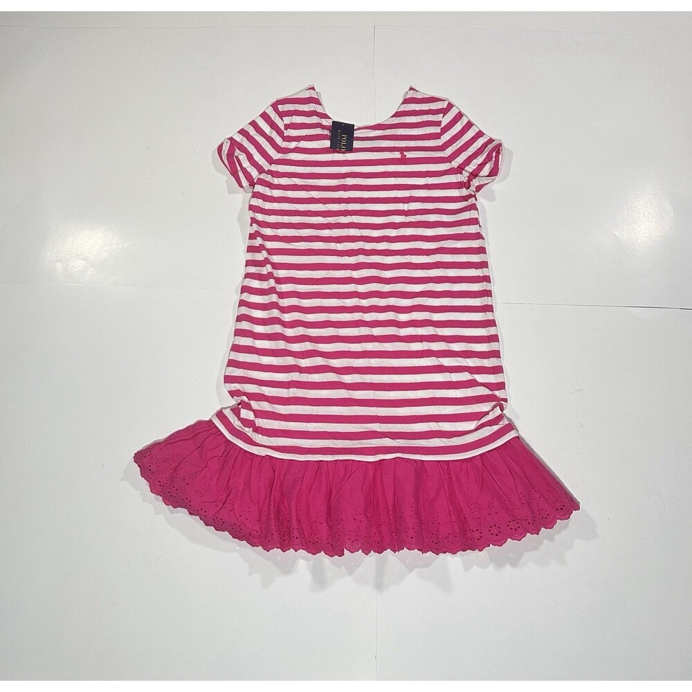 Polo Ralph Lauren Pink White Ruffle Bottom Striped Dress Youth Girls Large NWT